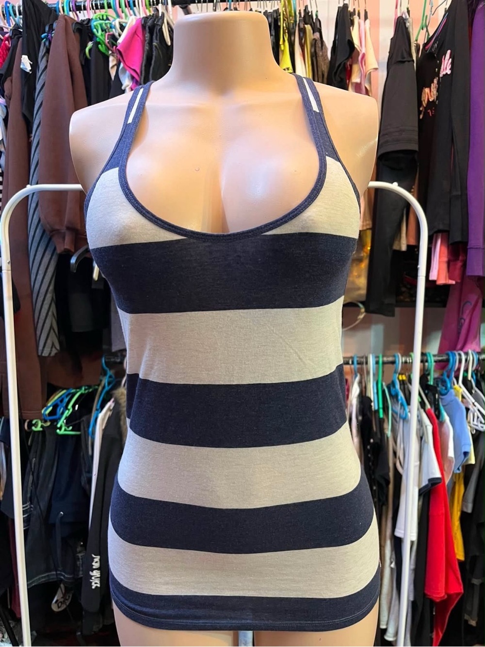 Hollister Navy and Cream Striped Racerback Tank